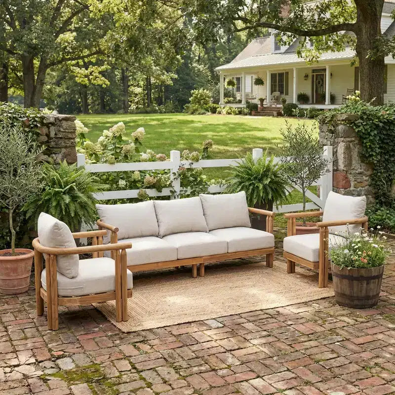ModernLuxe 3-tlg. Terrassen-Sofa-Set, Outdoor-Sitzgruppe, wetterfestes Gartenmöbel-Set mit weichen Kissen & Clubsesseln, Beige & Teak