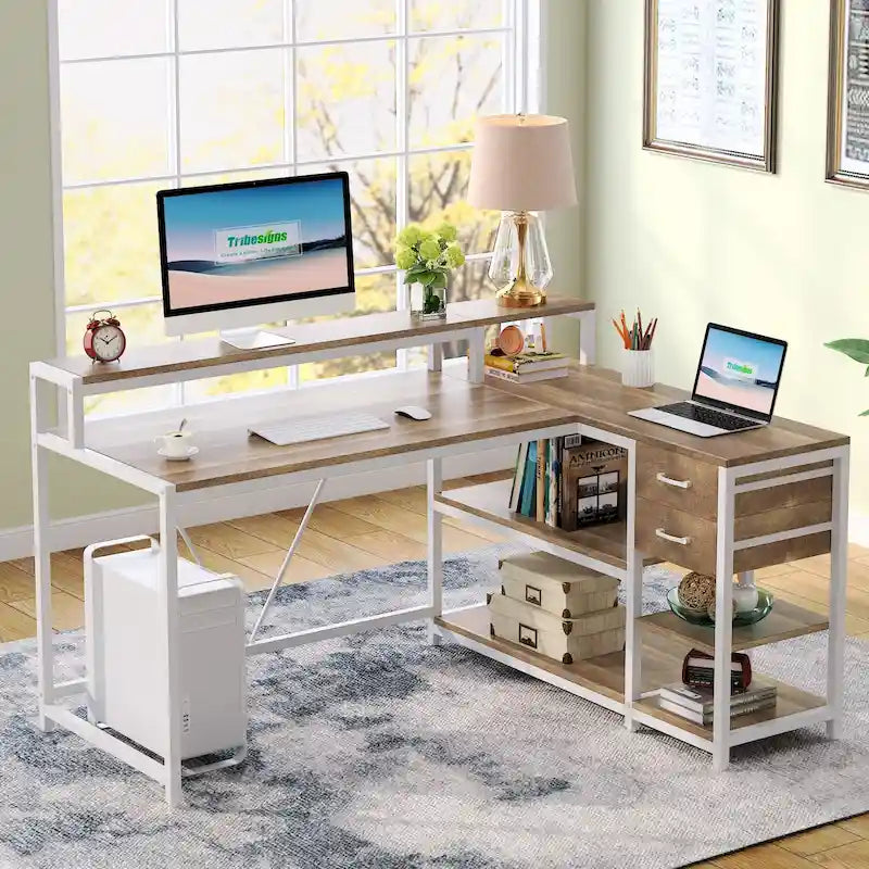 L-förmiger Schreibtisch mit Schublade, Eckschreibtisch für das Home-Office mit Ablagefächern und Monitorständer, rustikaler PC-Tisch für kleine Räume