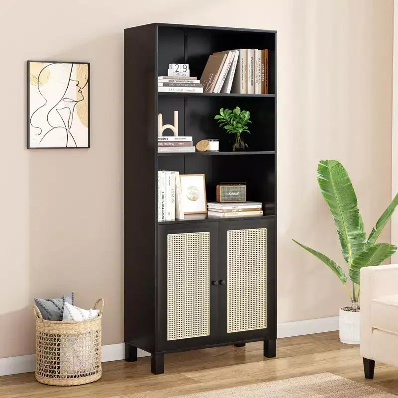 TUYOHW Hohe Bücherregal mit Rattantüren, freistehender Aufbewahrungsschrank mit 5 Regalböden, Bücherregal für Wohnzimmer, Schlafzimmer und Arbeitszimmer