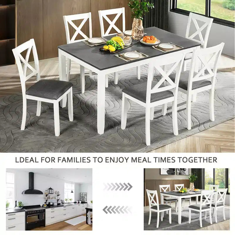 GDFStudio Loren modernes 7-teiliges Esszimmer-Set aus Massivholz mit gepolstertem Tisch und Stühlen