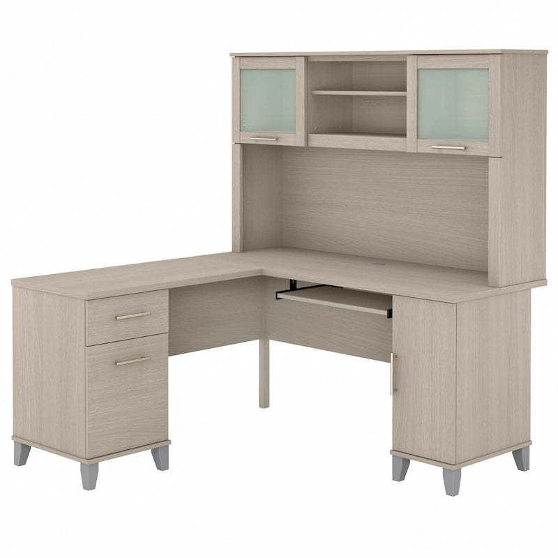 Bush Furniture Somerset 60 Zoll breiter L-förmiger Schreibtisch mit Aufsatzregal und Stauraum