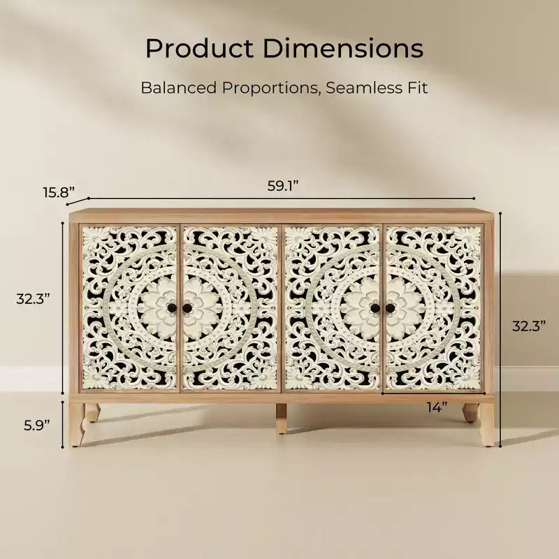 Buffetschrank mit Stauraum, rustikaler Aufbewahrungsschrank mit 4 geschnitzten Türen und verstellbarem Einlegeboden, Sideboard aus Holz als Akzentmöbel