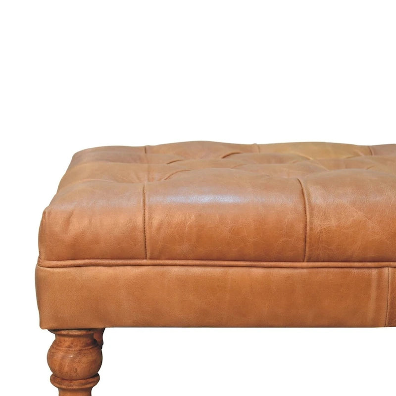 Artisan Furniture Ottomane aus massivem Holz und büffelfarbenem Leder mit Rollenbeinen