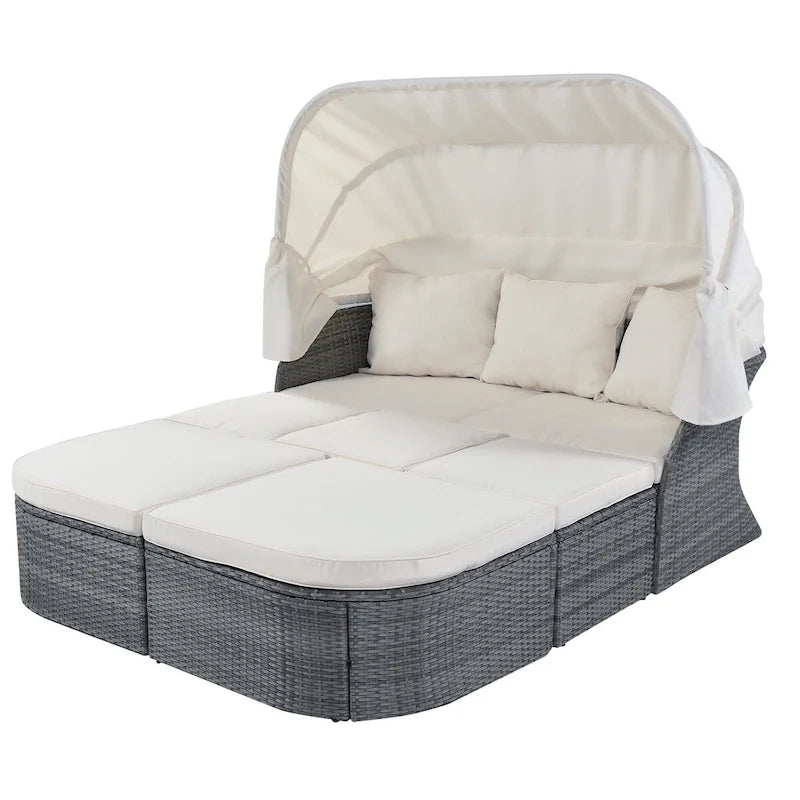 Graues Outdoor-Tagesbett aus Korbgeflecht mit Polstern und ausziehbarem Sonnendach