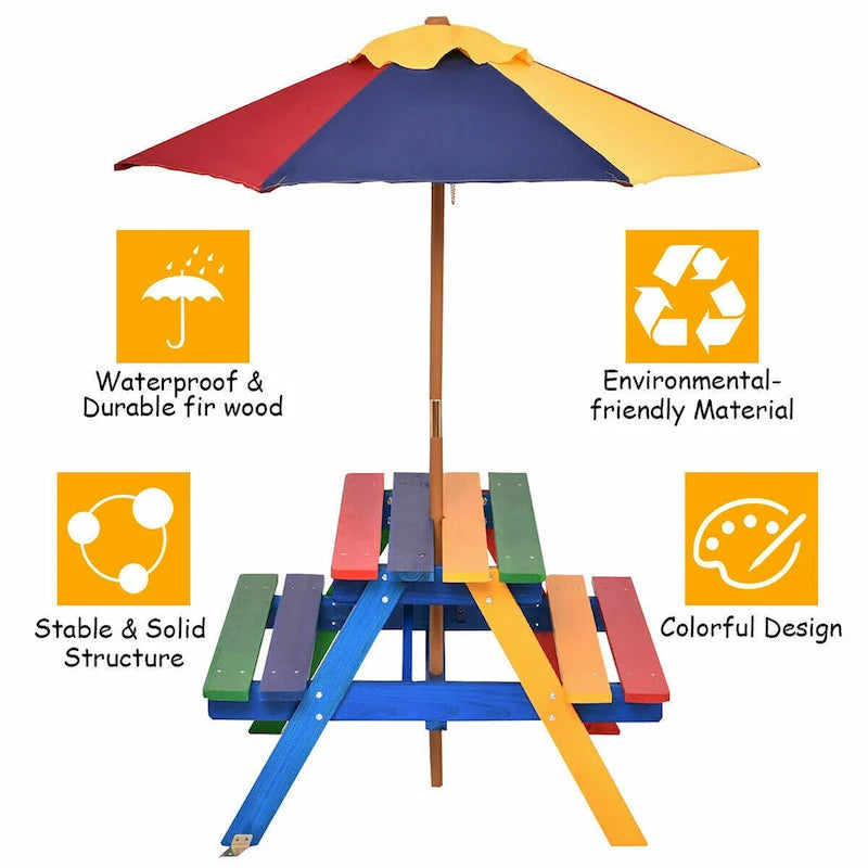 Costway 4-Sitzer Kinderpicknicktisch mit Sonnenschirm, faltbar für Garten und Hof