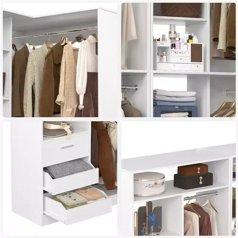 Besiost 2er-Set Eckschranksystem mit Turmregal, freistehender Kleiderschrank-Organizer mit Schubladen