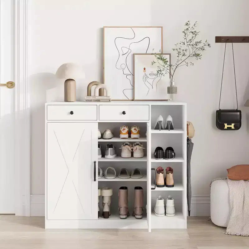 Schuhschrank, Schuhaufbewahrungsschrank im Landhausstil mit 2 Stalltüren, Schubladen, verstellbaren Einlegeböden & Haken für Eingangsbereich und Flur