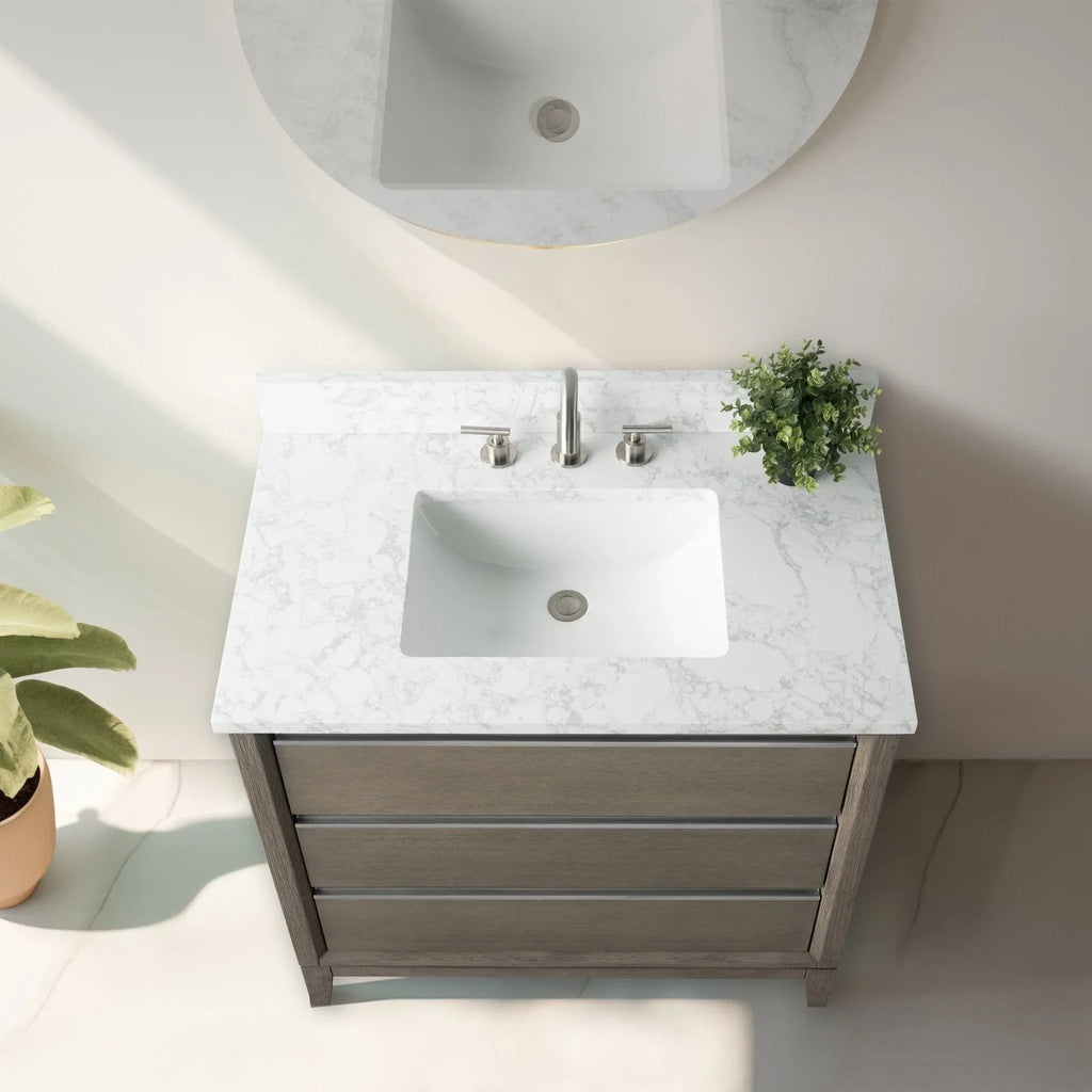 Vanity Art Badezimmerschrank mit Keramikwaschbecken und Platte aus technischem Marmor