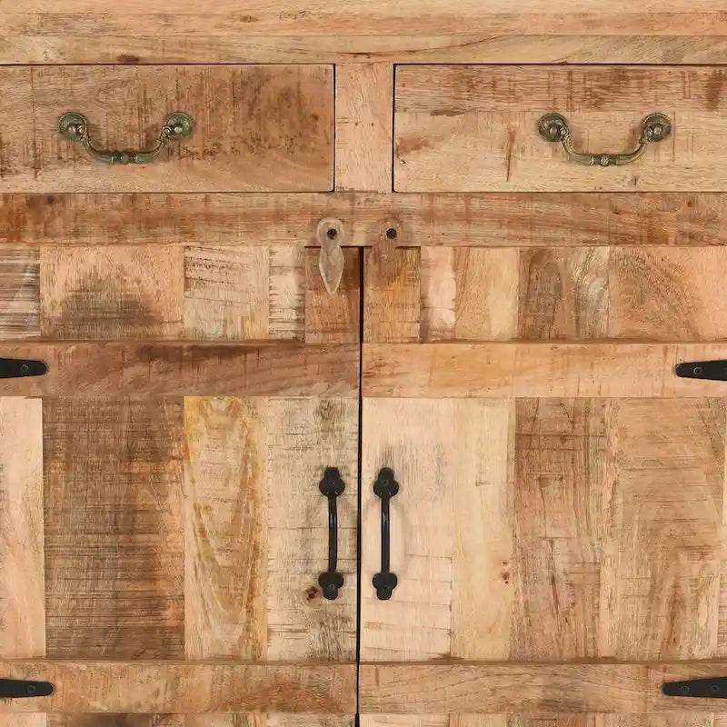 99 cm handgefertigte Farmhouse-Konsole aus Mangoholz, mit 2 Schubladen und 2 Türen, rustikales Braun