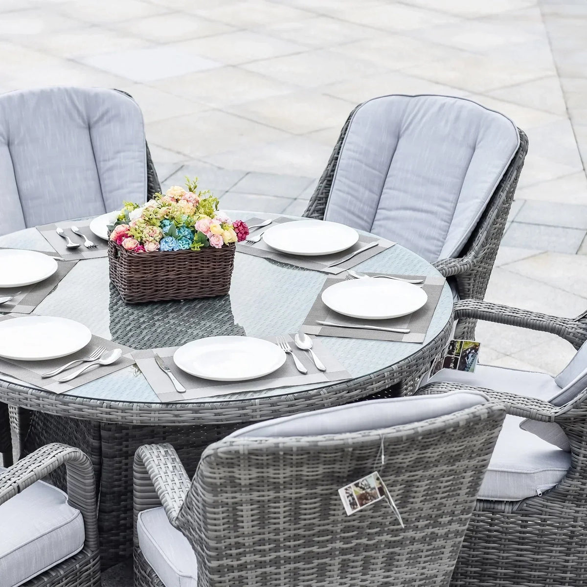 7-teiliges Garten-Essgruppe aus Rattan mit runden Kissen von Moda Furnishings