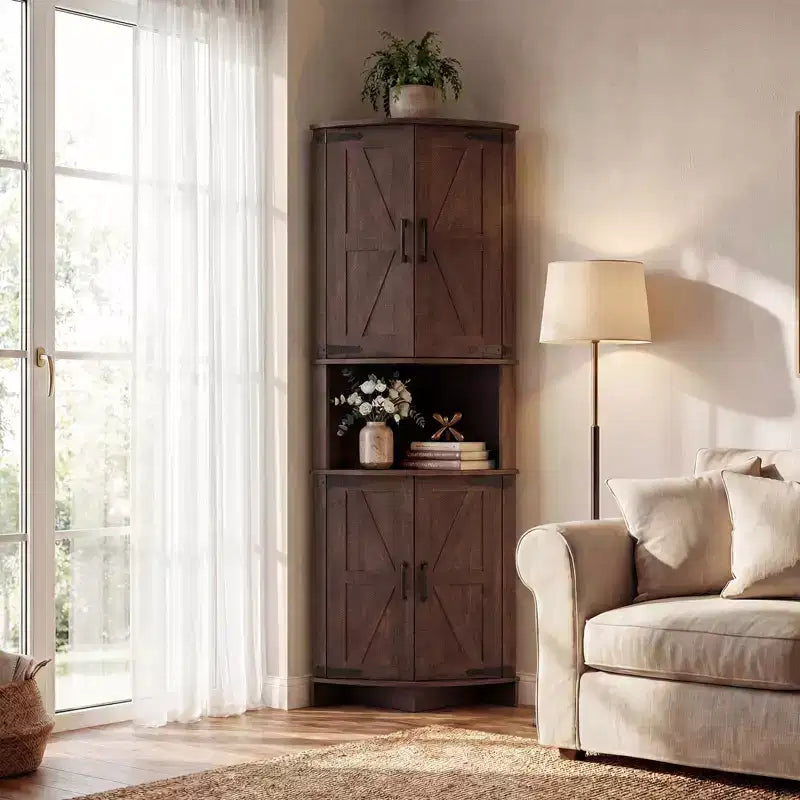 164,6 cm hoher Eckschrank mit Türen, brauner Eckschrank im Landhausstil, freistehender Eckvorratsschrank mit verstellbaren Einlegeböden