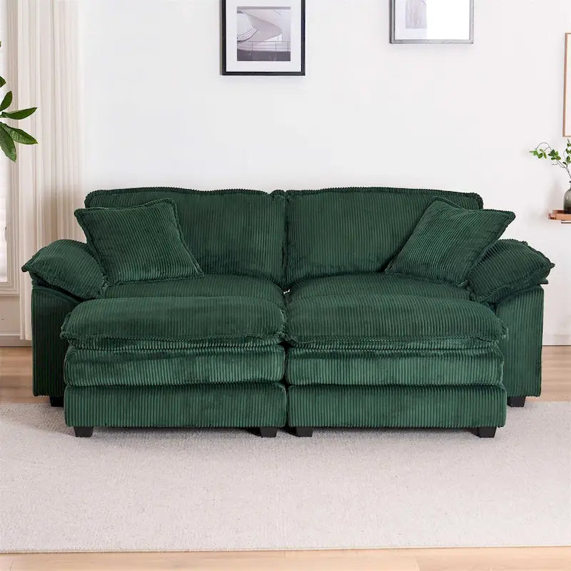 Modernes 2-Sitzer-Sofa aus Cord mit 4 Stützkissen und 2 Hockern