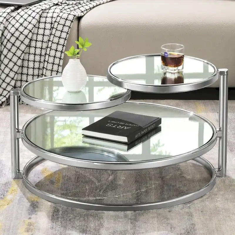 Runder Couchtisch aus gehärtetem Glas mit 3 Ebenen und um 360 Grad drehbarer Tischplatte