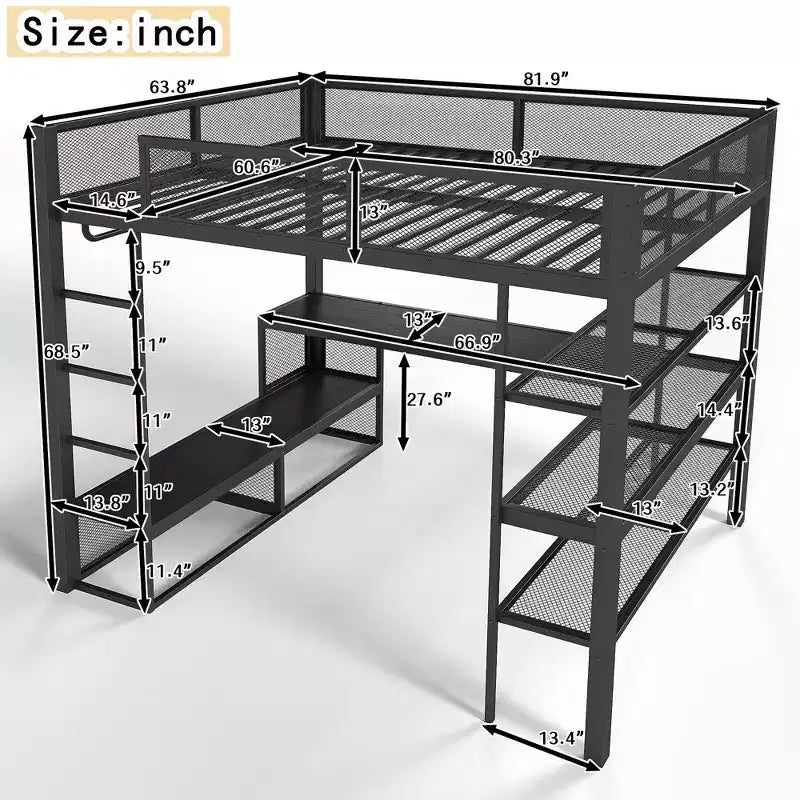 Bellemave Queensize-Metallhochbett mit Schreibtisch, Ablagefächern und Kleiderstange, platzsparendes Hochbettgestell mit Schutzgittern und Leiter, kein Lattenrost erforderlich, Schwarz