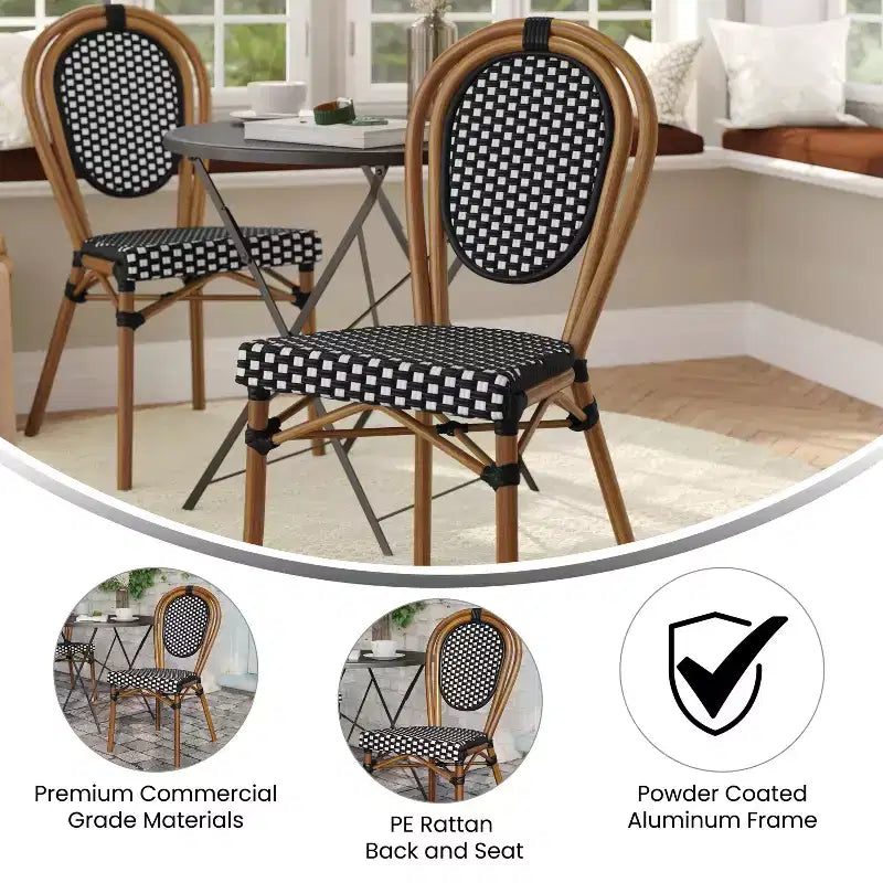 Flash Furniture Lourdes stapelbarer Thonet-Bistrostuhl für den gewerblichen Innen- und Außenbereich, PE-Rattan und Aluminiumgestell