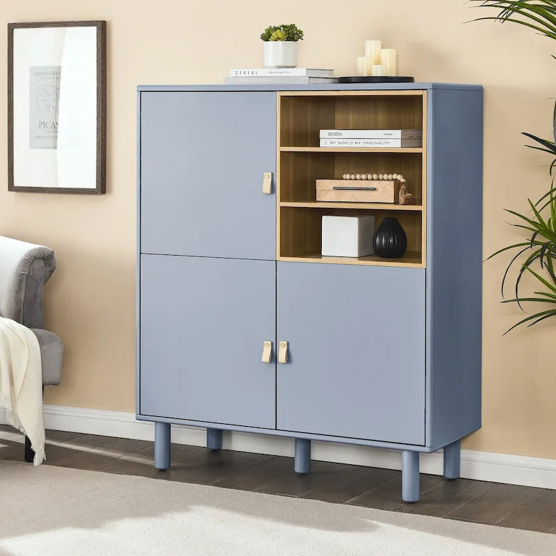 Multifunktionaler Aufbewahrungsschrank mit Tür, moderner Sideboard-Schrank, Holzaufbewahrungsschrank, Schubladenschrank mit Ledergriffen
