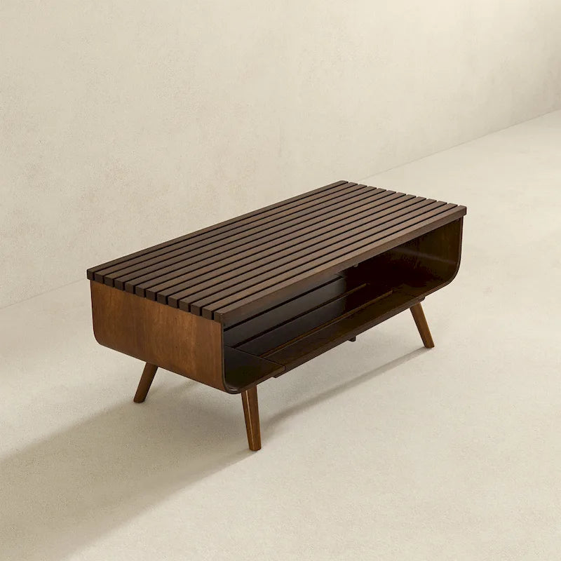 Adelina rechteckiger Couchtisch aus massivem Holz im Mid-Century-Stil in Braun