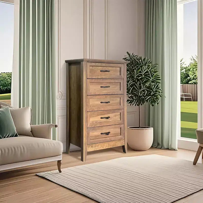 Kommode im Landhausstil, rustikale Holzkommode mit 5 Schubladen für den Kleiderschrank, hoher Schubladenschrank mit Metallgriffen