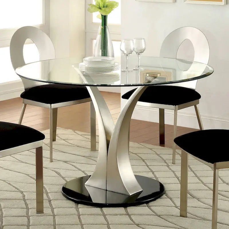 Zaia Zeitgenössisches 5-teiliges rundes Esszimmerset aus silbernem Stahl von Furniture of America