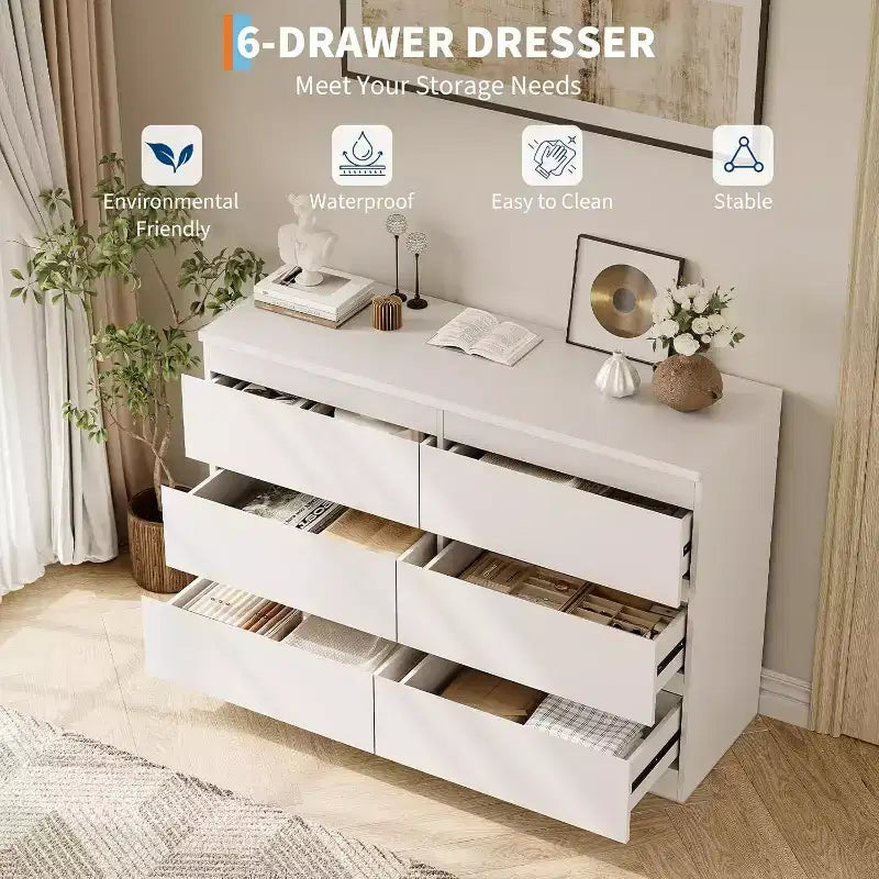 Kommode mit 6 Schubladen, schlichte, moderne Schlafzimmerkommode, Weiß