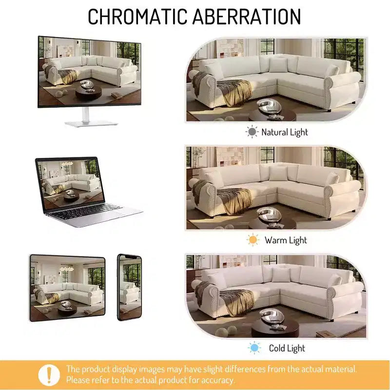 Homy Casa 88 L-förmiges Schlafsofa mit Ausziehbett, Chenille-Polsterung, 5-Sitzer, Beige