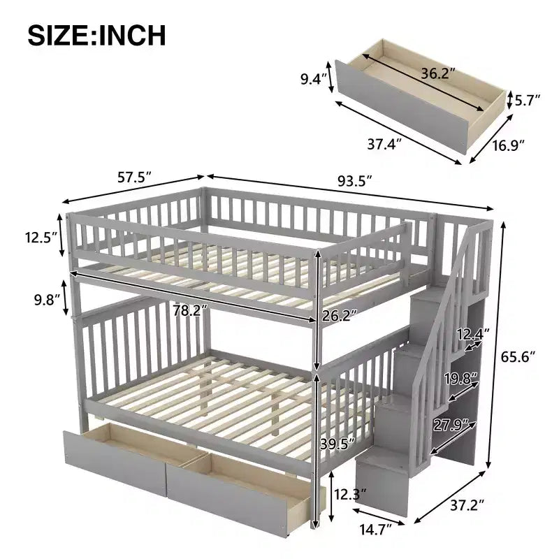 Etagenbett mit zwei Full-Size-Liegeflächen, Schubladen und Treppe mit Stauraum