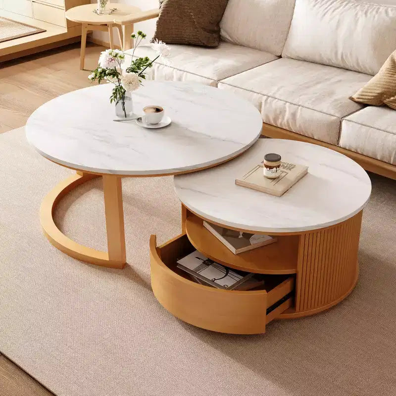 Moderner Couchtisch in Nesting-Bauweise mit Schublade, runder Wohnzimmertisch mit Stauraum
