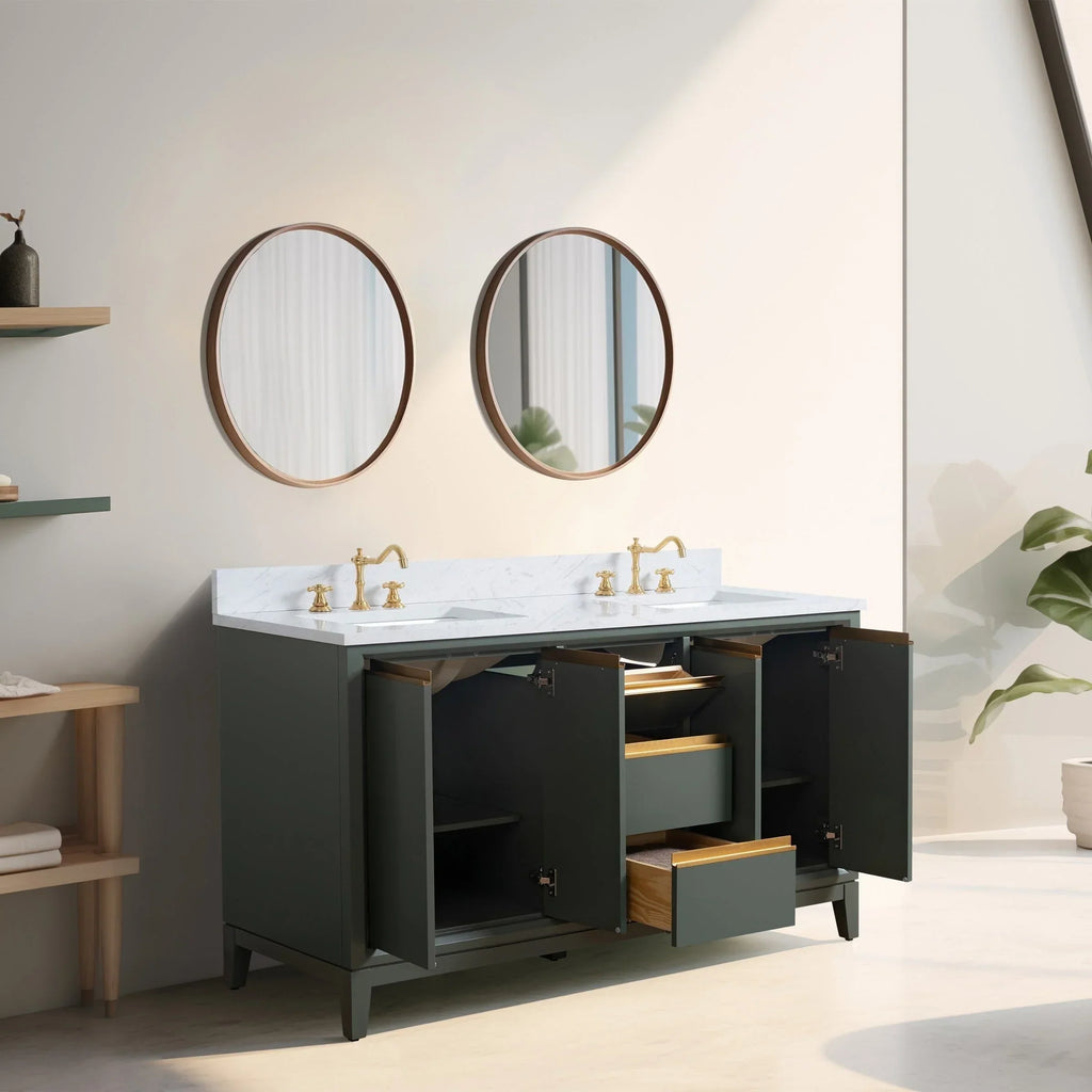 Vanity Art Badezimmerschrank mit Keramikwaschbecken und Platte aus technischem Marmor