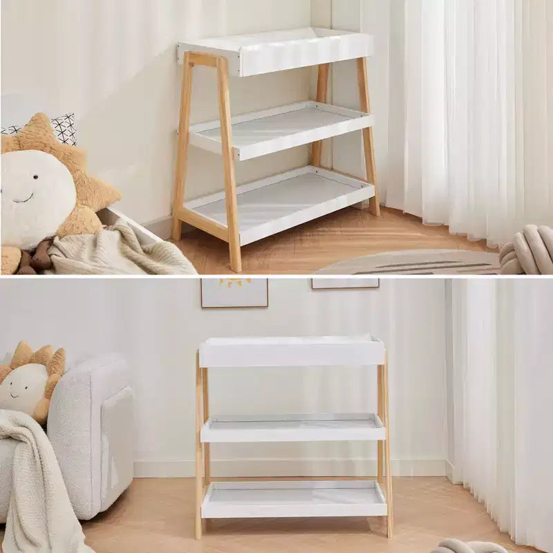 Moderner Wickeltisch mit wasserfester Auflage & 2 Ablagefächern, tragbare Baby-Wickelkommode aus Holz für Neugeborene/Kleinkinder, Holz+Weiß