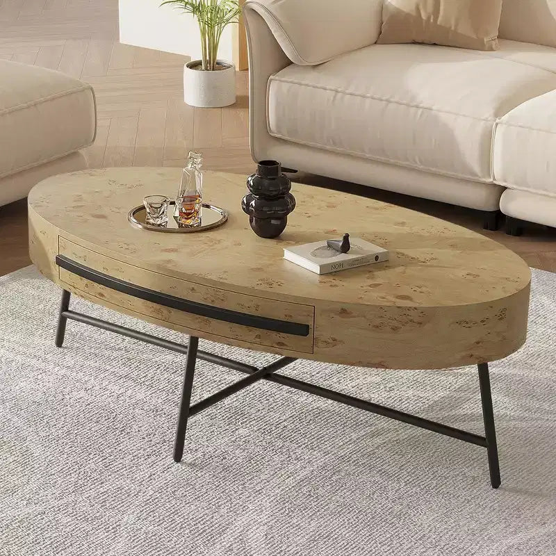 Ovaler Couchtisch mit Schublade, Mid-Century Modern Wohnzimmertisch 120 cm, Holztisch mit Stauraum und gekreuzten Metallbeinen, geschwungenes Design