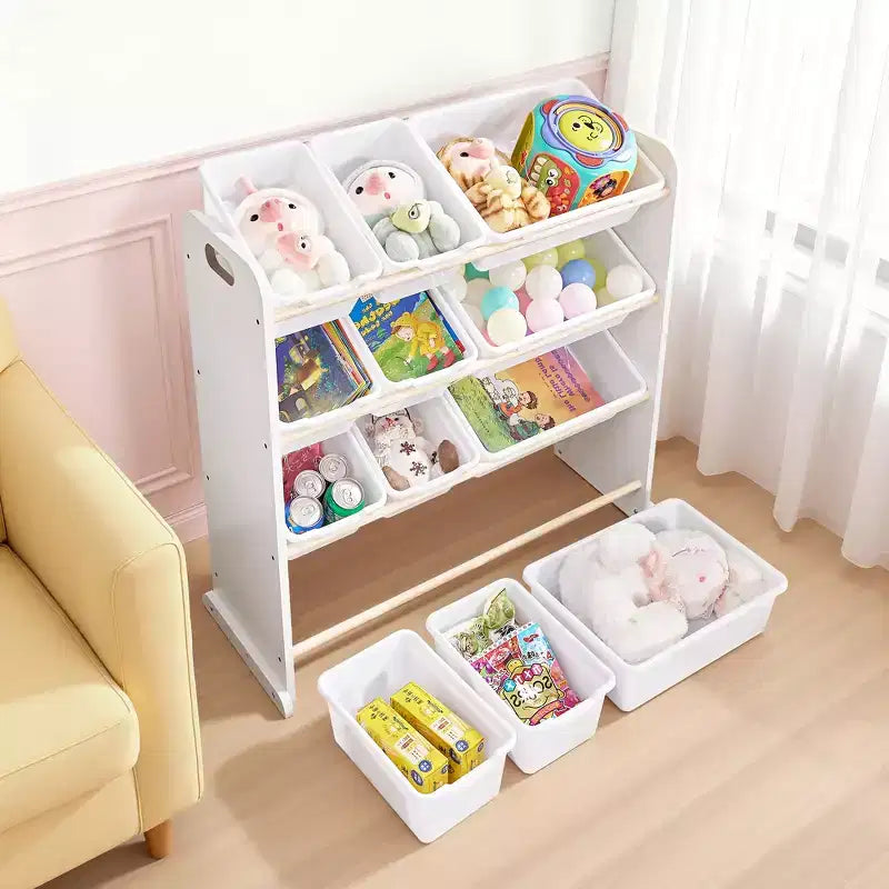 VECELO Kinder-Bücherregal mit Spielzeugaufbewahrung und 12 Körben, Spielzeugregal aus Holz für Kleinkinder, geräumige Spielzimmeraufbewahrung für Bücher oder Spielzeug
