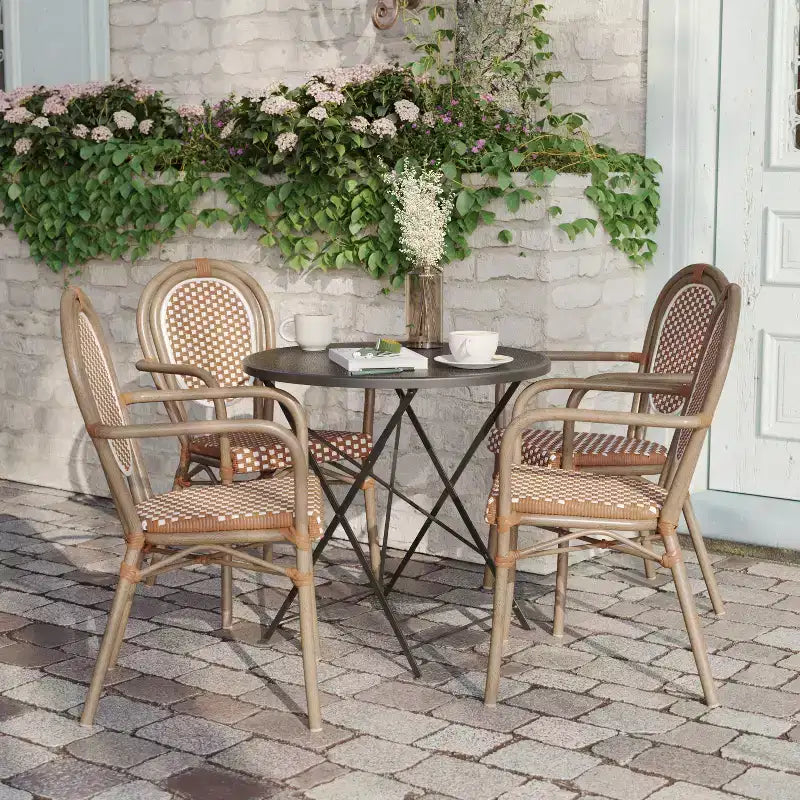 Flash Furniture 4er-Set Lourdes Indoor/Outdoor Gastro-Bistro-Stapelstuhl mit Armlehnen im Thonet-Stil, PE-Rattan und Aluminiumgestell