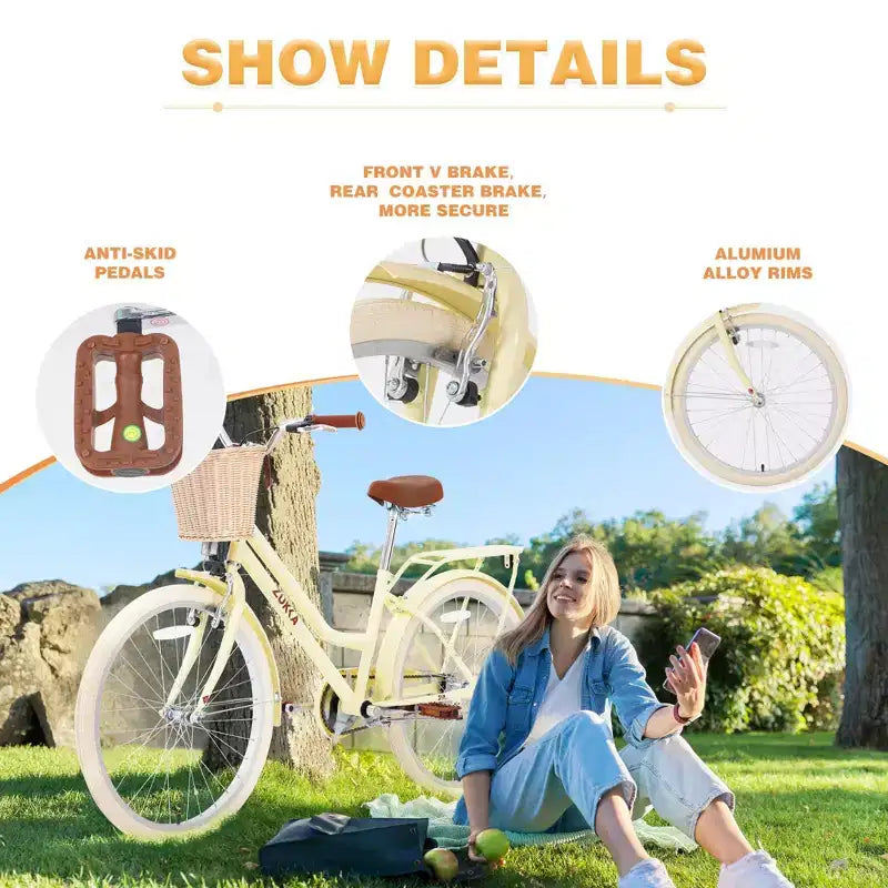 NAYSAYE 24 Zoll Mädchen-Cruiser-Fahrrad, Speed-Hybrid-Citybike für Jugendliche von 7-10+ Jahren mit Weidenkorb & Gepäckträger, Kinderfahrrad