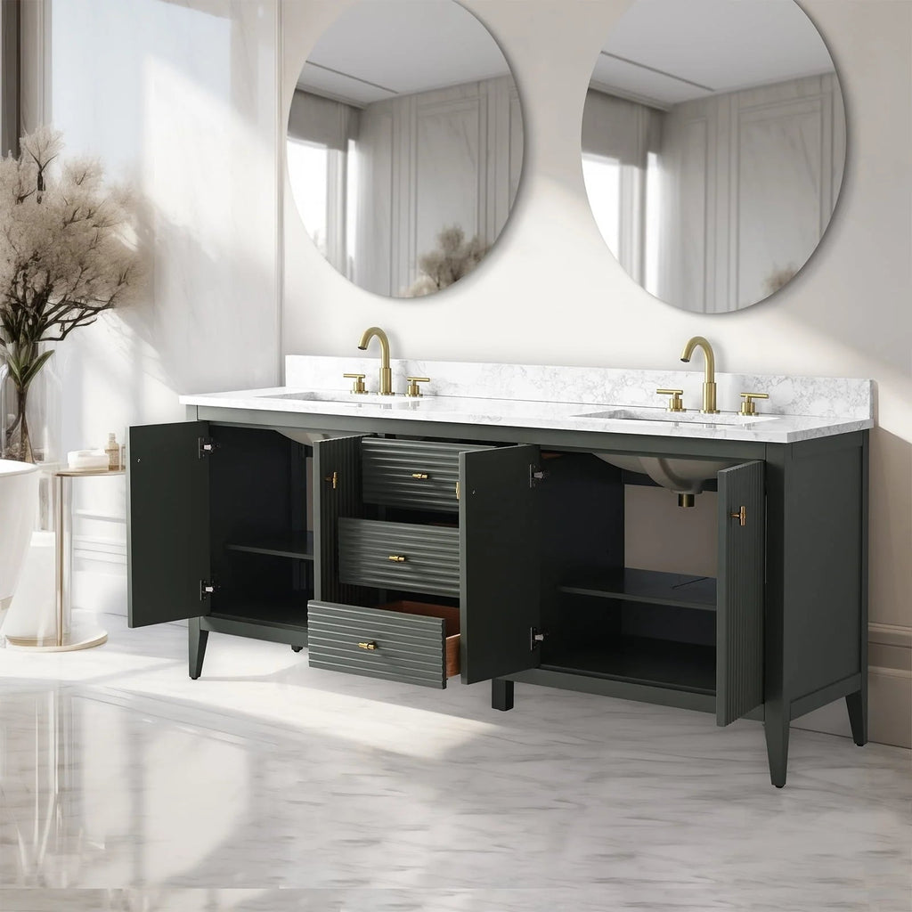 Vanity Art 72 Zoll Badezimmer-Waschtischunterschrank mit Doppelwaschbecken und Kunstmarmorplatte