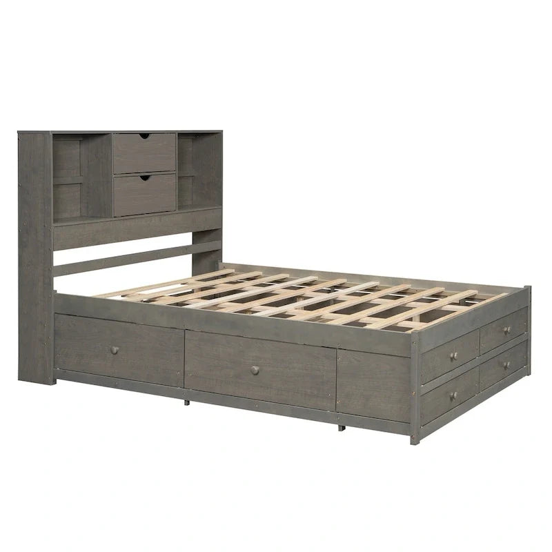 Graues modernes Queen-Size-Holzbett mit Stauraum-Kopfteil und 8 Schubladen