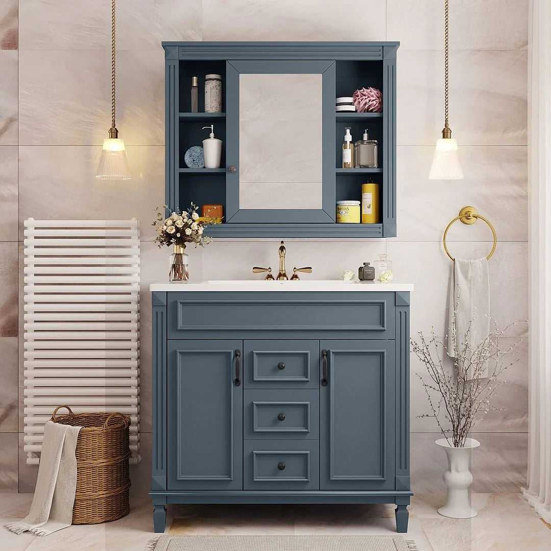 36" Moderner Badezimmer-Waschtisch mit Aufsatzwaschbecken und Spiegelschrank, 2 Türen und 2 Schubladen