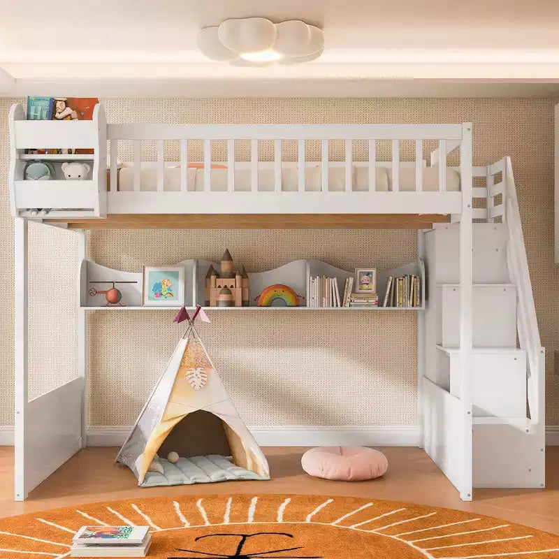 Queen-Hochbettgestell mit Treppe, Kleiderschrank & Regalen - MDF, 650 lb