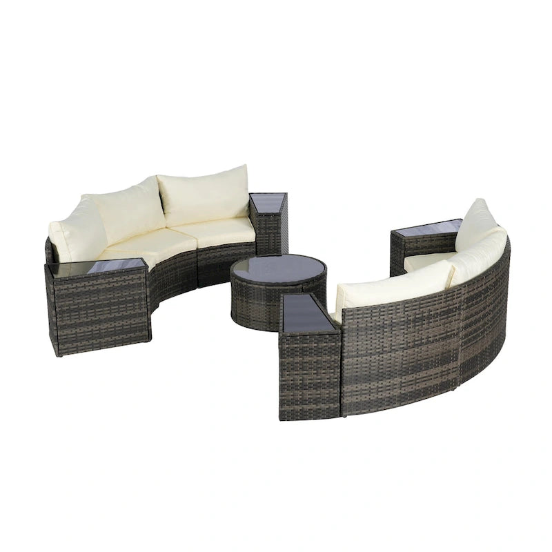 11-teiliges modulares Outdoor-Sofa-Set mit halbrunden Elementen, Couchtisch aus gehärtetem Glas und 4 Beistelltischen
