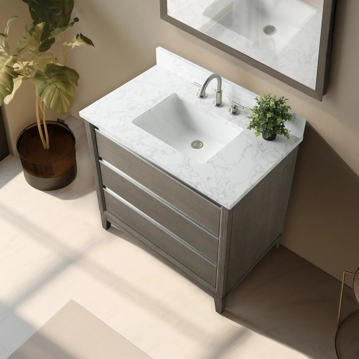 Vanity Art Badezimmerschrank mit Keramikwaschbecken und Platte aus technischem Marmor