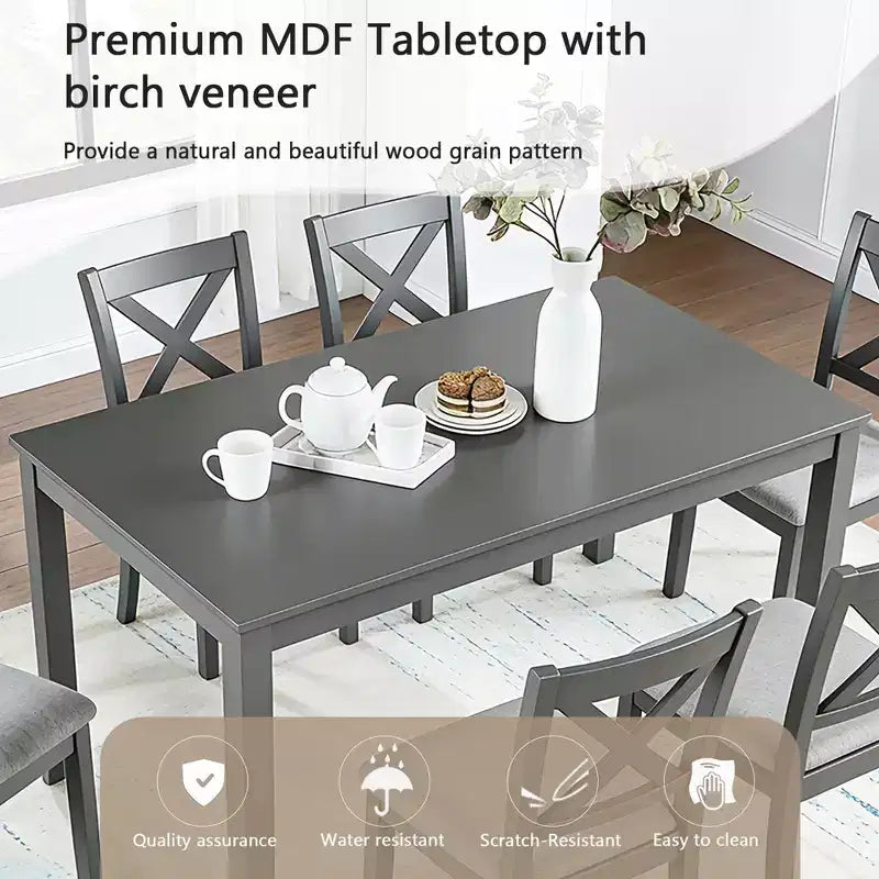 GDFStudio Loren modernes 7-teiliges Esszimmer-Set aus Massivholz mit gepolstertem Tisch und Stühlen