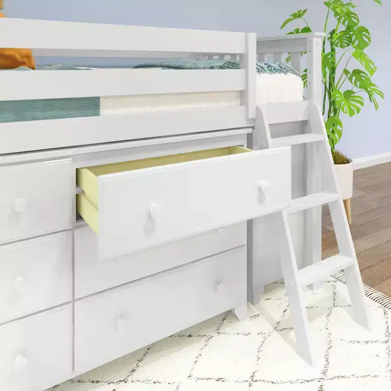 Max & Lily Niedriges Hochbett (Einzelbett) mit ausziehbarem Schreibtisch und 3-Schubladen-Kommoden