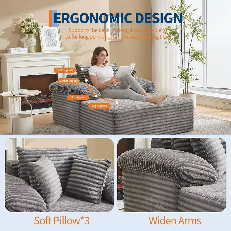Übergroßes Chaiselongue-Sofa, Cord-Schlafsofa mit Kissen und breiten Armlehnen für Wohnzimmer, Schlafzimmer und Heimkino