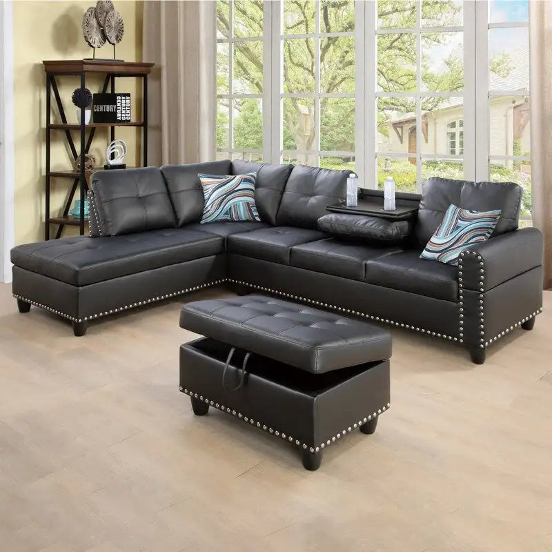 Modernes 3-teiliges Sofa-Set aus schwarzem Kunstleder: Elegantes Design für Wohnzimmer