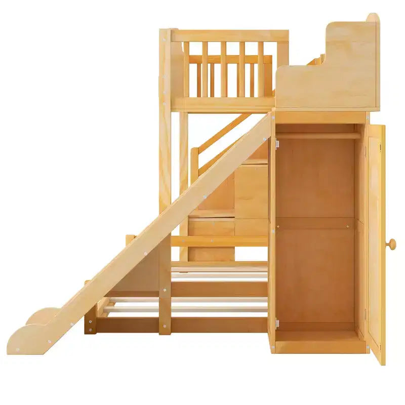 Etagenbett (90x200 cm oben / 140x200 cm unten) mit Rutsche, Regalen, Treppe mit Stauraum und Kleiderschrank für das Kinderzimmer
