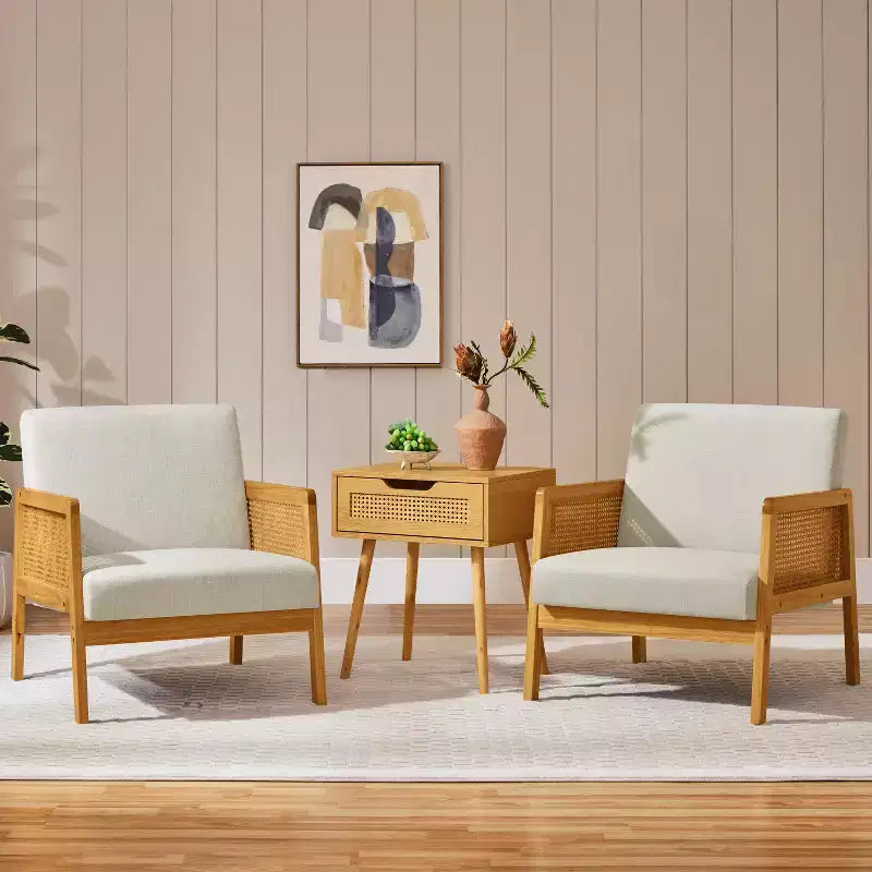 Yaheetech 2er-Set gepolsterte Akzentstühle mit Rattan-Seiten für Wohnzimmer und Schlafzimmer