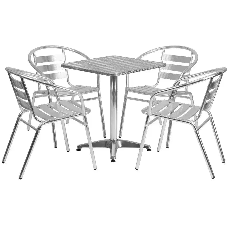 Emma und Oliver quadratisches Aluminium-Tischset (23,5 Zoll) mit 4 Stühlen mit Lamellenlehne