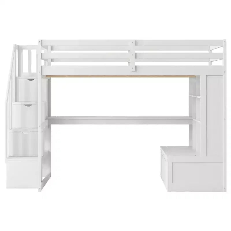 Full-Size-Hochbett mit Treppe und Schreibtisch, Hochbettgestell aus Holz mit Staufächern und Bücherregalen für Erwachsene, Teenager und Kinder