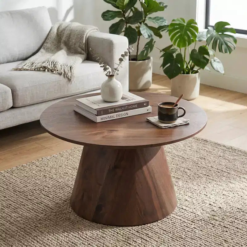 Runder Couchtisch aus MDF mit Walnuss-Holzmaserung, 60 cm Durchmesser, 35 cm Höhe
