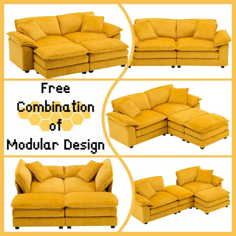 Modernes 2-Sitzer-Sofa aus Cord mit 4 Stützkissen und 2 Hockern