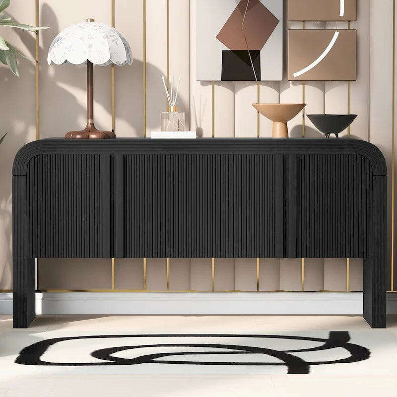 Geschwungenes Aufbewahrungsschrank-Sideboard mit 4 gestreiften Türen und verstellbaren Einlegeböden, moderner Flurschrank mit Kiefernholzbeinen